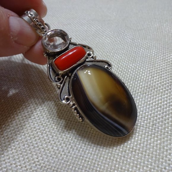 Natural "MONTANA AGATE, RED CORAL & WHITE TOPAZ" Handmade Sterling Pendant Neck - Picture 3 of 3